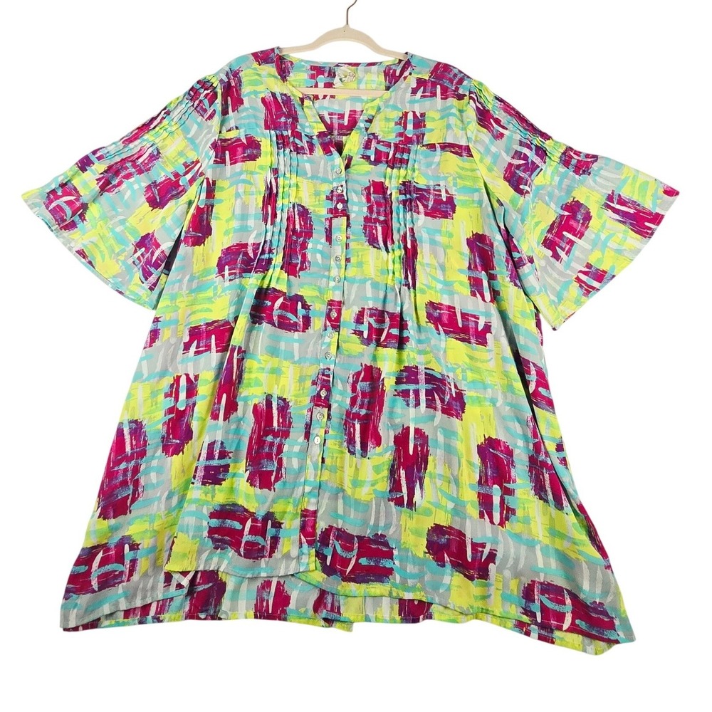 Melissa McCarthy Seven7 Button Front Tunic Women 1X Multi Color Abstract Pleated
